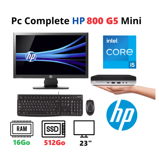 HP Elitedesk 800 G5 Mini Core i5-9500T I 16Go I 512Go SSD I HP 23″ I Clavier Et souris I WiFi